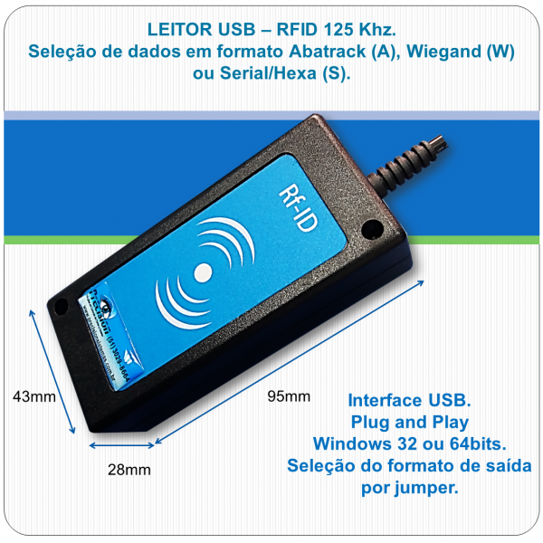 Leitor RFID proximidade USB - U125 - AWS - 125Khz (padrão Acura)