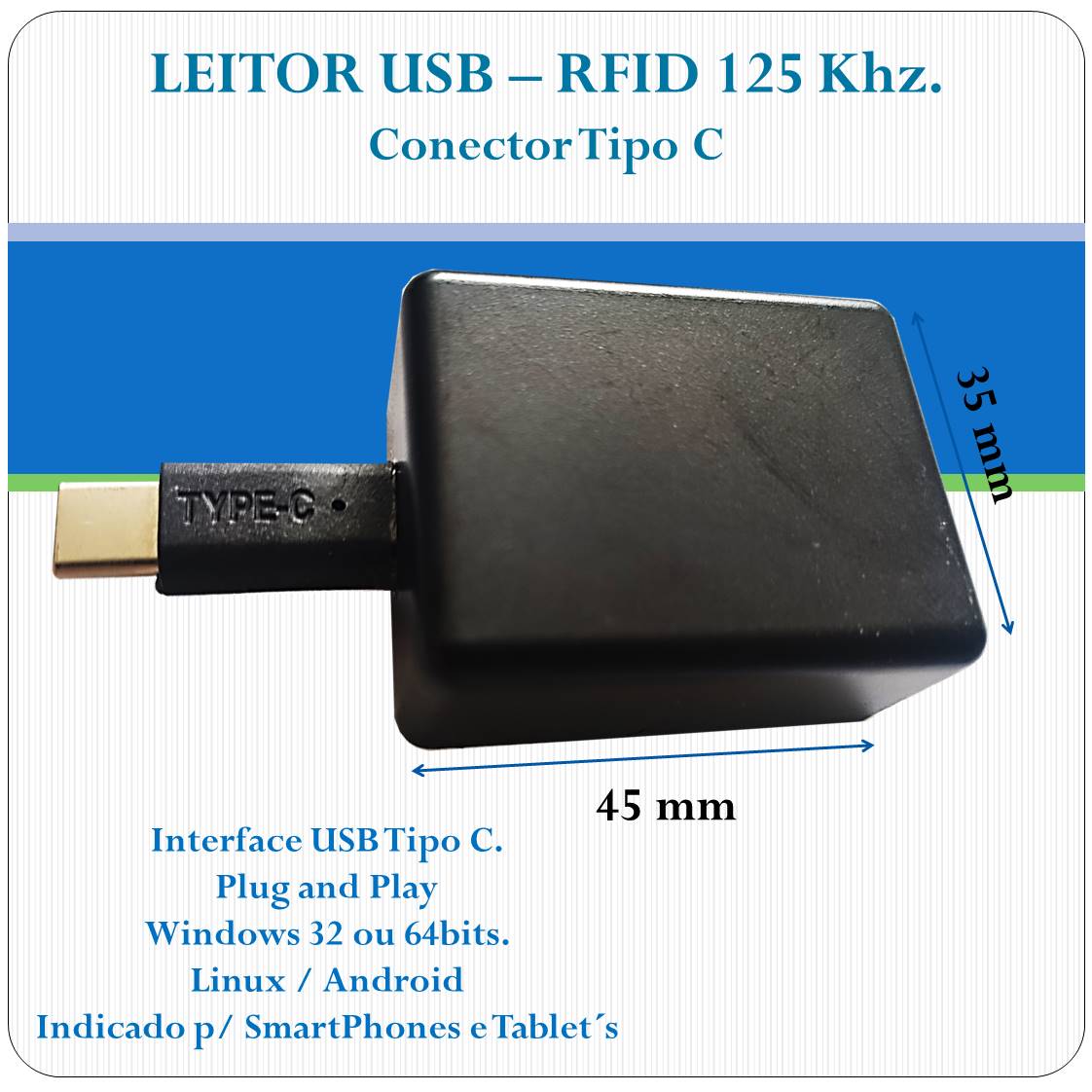 Mini Leitor RFID proximidade USB Tipo C - 125Khz